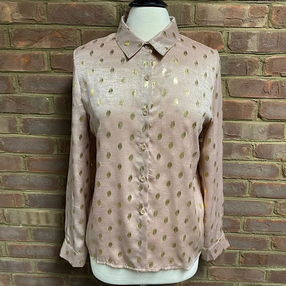 Blush & Gold Shimmer Design Sheer Long Sleeve Button Down Blouse - Picture 2 of 6